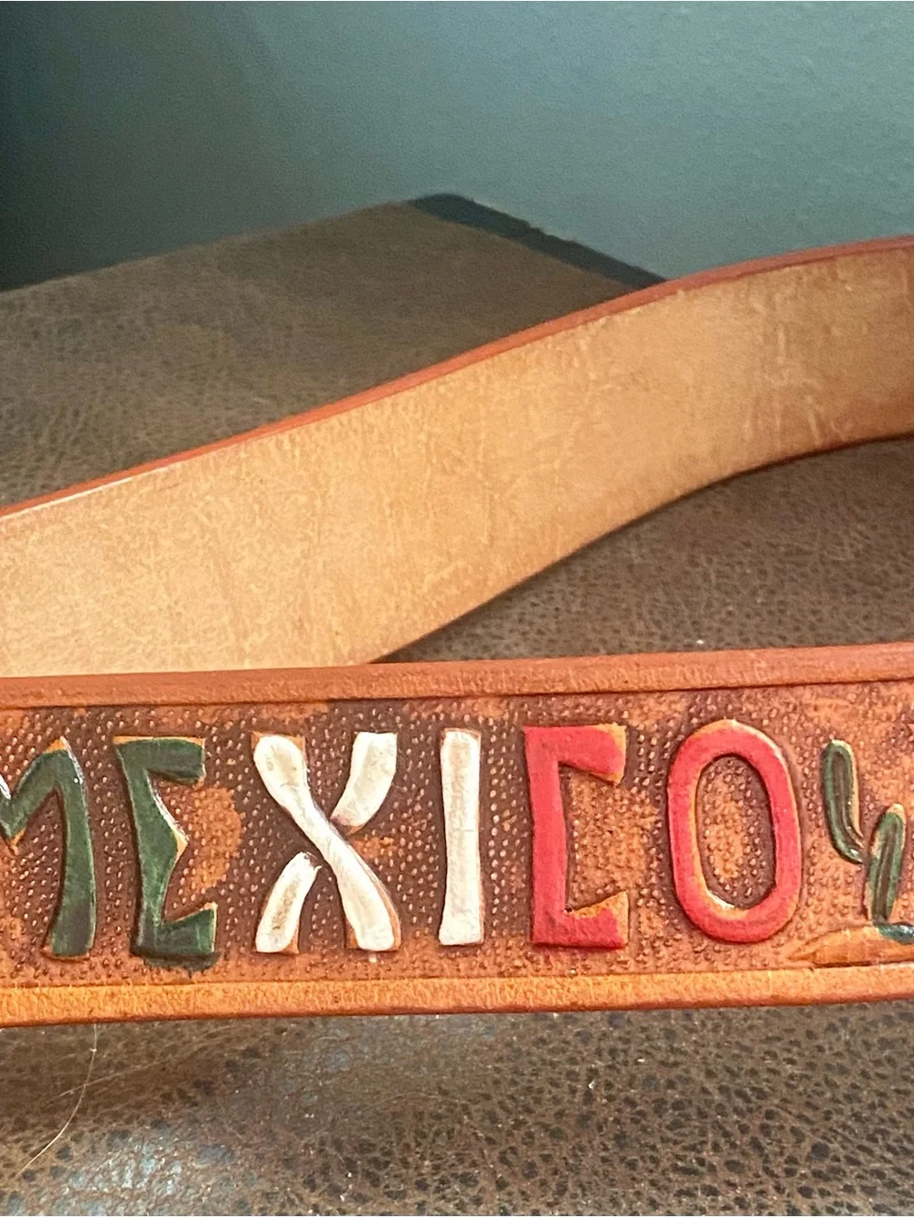 Hand Tooled Brown Leather Belt with Multicolor 'MEXICO', Cacti, Aztec Pyramids